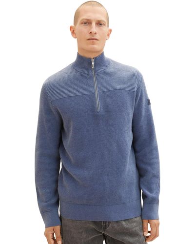 Tom Tailor Strukturierter Strick-Pullover mit Troyer-Kragen - Blau