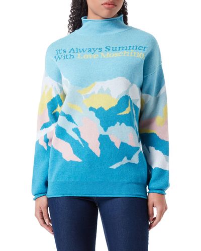 Love Moschino Long-Sleeved Turtleneck with Mountains Jacquard Intarsia Pullover Sweater - Blau
