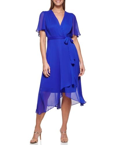 DKNY Flutter Sleeve Faux Wrap Dress - Blue