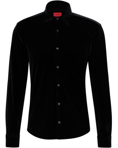 HUGO Slim-Fit Hemd aus Stretch-Samt - Schwarz