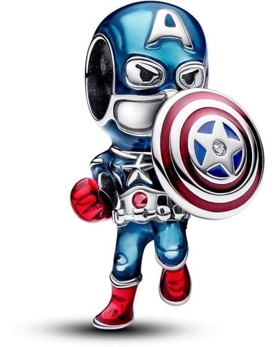 PANDORA Marvel Captain America Sterling Silver Charm With Clear And Red Cubic Zirconia - Blue