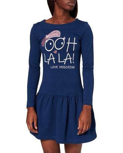 Love Moschino Fitted Long Sleeved Dress With Drop Waist Flared Skirt And Large Round Neckline Casual - Blue