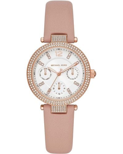 Michael Kors Parker Analogue Quartz Watch With Pink Leather Strap For Mk2914 - White