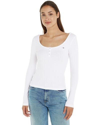 Tommy Hilfiger Tjw Slim Button Rib C-Collo LS T-Shirt - Bianco