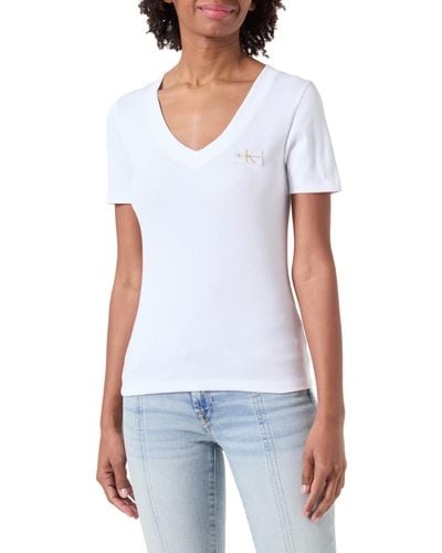 Calvin Klein Woven Label Rib V-Neck Tee J20J223274 Langarmhemd - Weiß