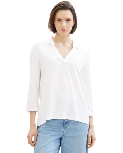 Tom Tailor Basic Bluse mit Polo Kragen - Weiß