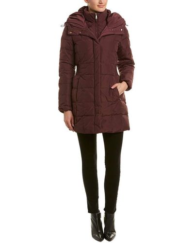 Cole Haan Taffeta Down Coat With Bib Front And Dramatic Hood - Red