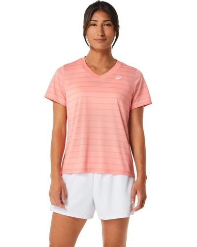 Asics Court Stripe Short Sleeve Top Tennis Apparel - Pink