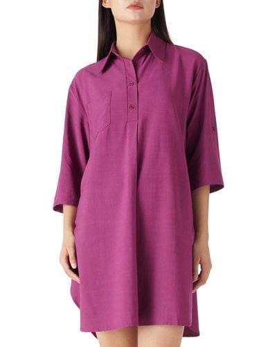 FIND Casual Oversized 3/4 Sleeve Button V Neck Shirt Dress Loose Long Blouse Tops - Purple