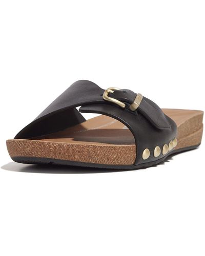 Fitflop Iqushion Adjustable Buckle Leather Slides Wedge Sandal - Brown