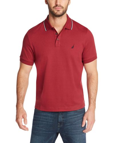 Nautica Classic Fit Short Sleeve Dual Tipped Collar Polo Shirt - Red