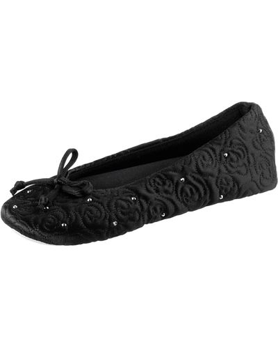 Isotoner Womens Ballerina Slippers With Terry Lined And Rose Quilt Ballet Flat - Black