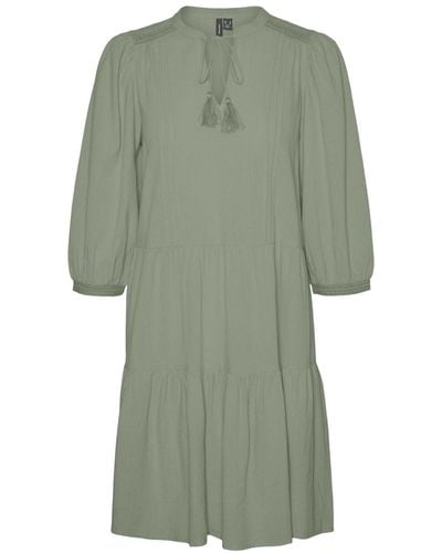 Vero Moda Kurzes Crepe Kleid mit Kordel Midi Dress 3/4 Ärmel Sommerkleid Tunika - Grün