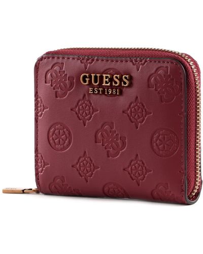 Guess Vibe Slg Small Zip Around Wallet Merlot Logo - Red