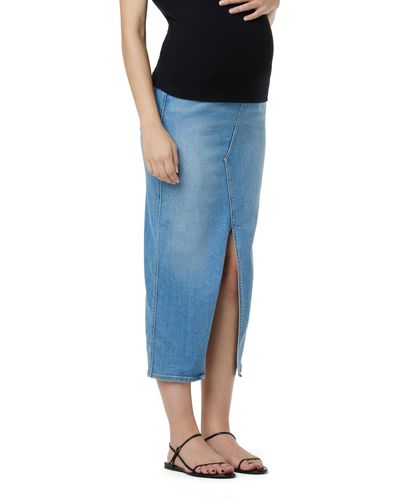 Hudson Jeans Maternity Belly Band Midi Denim Skirt With Front Slit - Blue