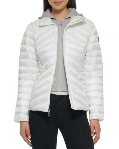Guess Womens Hooded Packable Puffer Jacket Down Alternative Coat - Gray