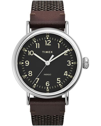 Timex Tone Case Black Dial With Brown Genuine Leather & Fabric