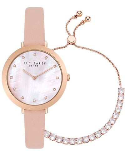 Ted Baker Ladies Pink Leather Strap Watch & Icon Crystal Bracelet Box Set - Metallic