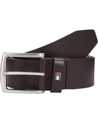 Tommy Hilfiger Leather Belt For - Brushed Metal Buckle And Details - 100% Genuine Leather - Brown - 80cm