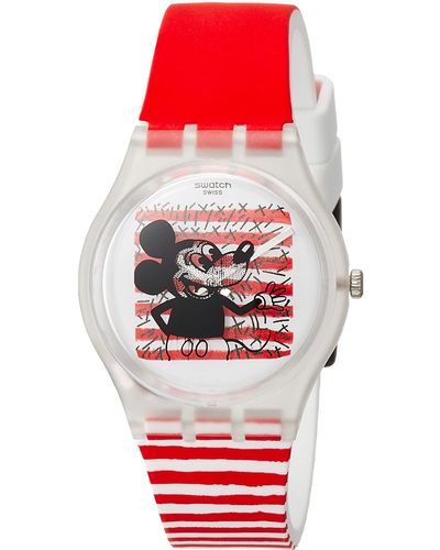 Swatch GZ352 Armband-Uhr Mouse Mariniere Analog Quarz Silikon-Armband - Rot