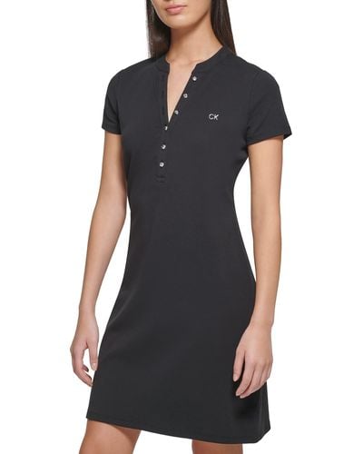 Calvin Klein Petite Everyday Lace Up 1 X 1 Rib Cotton Dress - Black