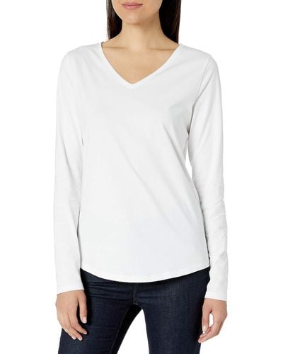 Amazon Essentials T-Shirt Col en v à ches Longues 100% Coton Coupe Classique - Blanc