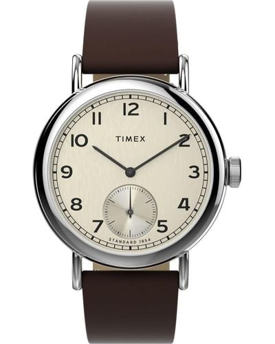 Timex Second 40mm Watch - Brown Strap Champagne Dial Silver-tone - Black