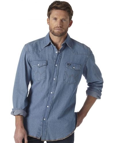 Wrangler Cowboy Cut Western Long Sleeve Snap Work Shirt Washed Finish Shirt - Blue