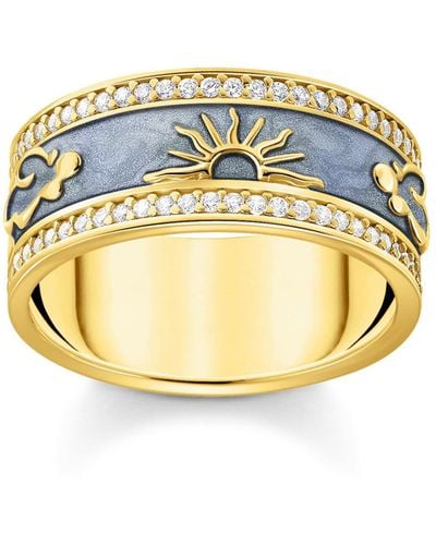 Thomas Sabo Gold-plated Band Ring With Blue Cold Enamel And Cosmic Symbols 925 Sterling Silver - Metallic