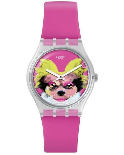 Swatch Erwachsene Analog Quarz Uhr mit Silikon Armband GE267 - Pink