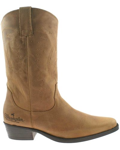 Wrangler Texas Hi S Calf Length Leather Cowboy Boots Tan Uk 9 - Brown