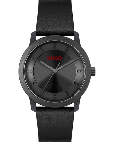 HUGO #ensure Castor Oil Plastic And Black Recycled Leather Strap Watch