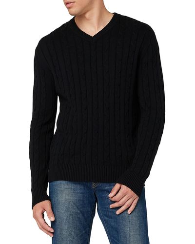 HIKARO Cable Knitted Jumper Pullover Cotton V-neck Round Neck S Jumper Long Sleeve Jumper - Black