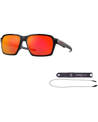 Oakley Parlay OO4143 Sonnenbrille für + Bundle Zubehörleine + Paket mit Designer-iWear Pflegeset - Schwarz