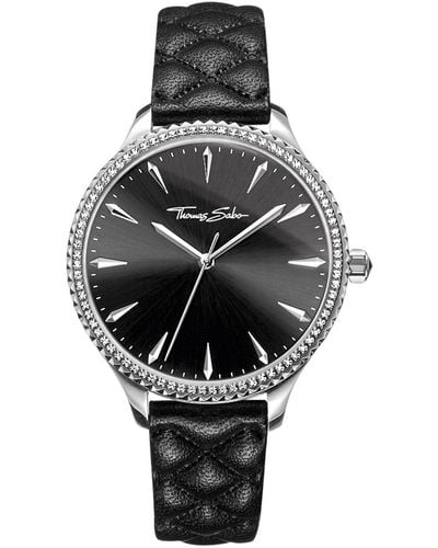 Thomas Sabo Rebel at Heart Silver Stainless Steel and Black Quilted Leather Strap Women's Watch w/Crystals - Schwarz