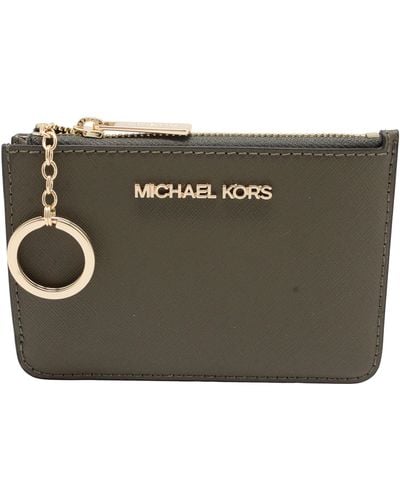 Michael Kors Jet Set Travel Small Top Zip Coin Pouch With Id Holder Leather Wallet Olive - Black