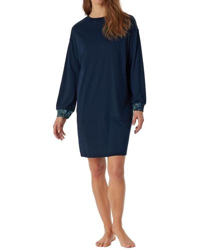 Schiesser Langarm Baumwolle Modal Sleepshirt mit Taschen Bigshirt-Nightwear Nachthemd - Blau