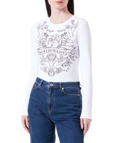 Love Moschino Tight-fitting Long Sleeves With Rose And Hands Print With Transparent Rhinestones T Shirt - Blau