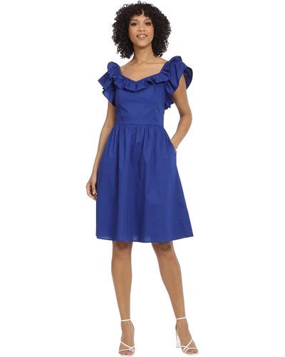 Maggy London Ruffle Details Cotton Poplin Dress - Blue