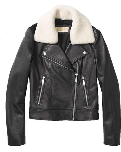Michael Kors Michael Black Leather Jacket With Shearling Collar