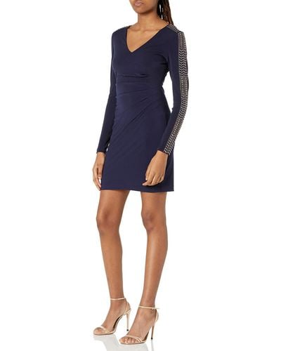 Guess Womens Long Sleeve Jersey With Studded Sleeve And Ruched Waist Cocktail Dress - Blauw