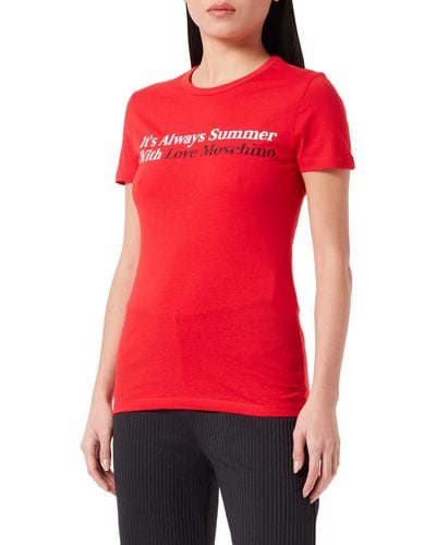 Love Moschino Slim Fit a iche Corte con Stampa Estiva e Dettagli Glitterati T-Shirt - Rosso