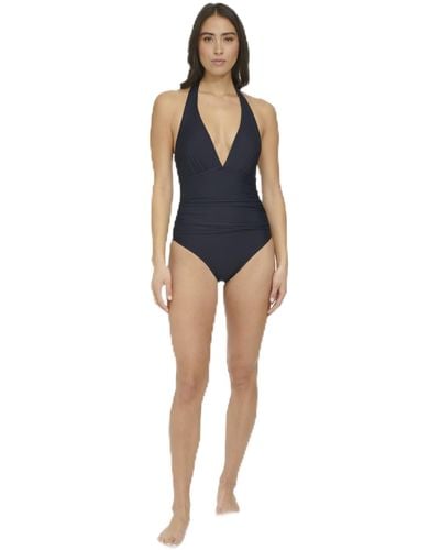Tommy Hilfiger Halter Tummy Control Ribbed Fabric One Piece Swimsuit - Blue