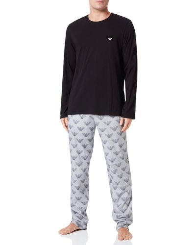 Emporio Armani Pattern Mix Pajama Long Sleeve Pants Pajama Set - Black