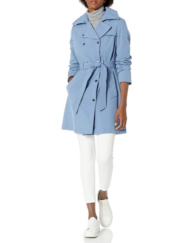 Calvin Klein Double Breasted Belted Rain Jacket With Removable Hood - Blue