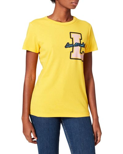 Love Moschino S Short-Sleeved with Maxi L and Logo Print T-Shirt - Gelb