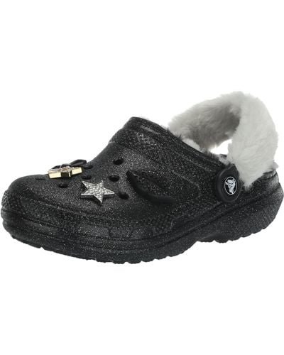 Crocs™ Classic Glitter Gevoerde Klompen | Fuzzy Slippers - Zwart