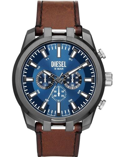 DIESEL 51mm Split Quartz Stainless Steel And Leather Chronograph Watch - Blue