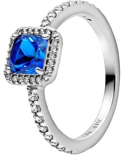 PANDORA Timeless Bague Carrée en argent sterling avec cristal bleu véritable et zircones cubiques transparentes