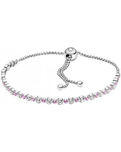 PANDORA Timeless Rhodium Plated Sterling Silver Slider Bracelet With Clear Cubic Zirconia And Synthetic Pink Sapphire - Metallic